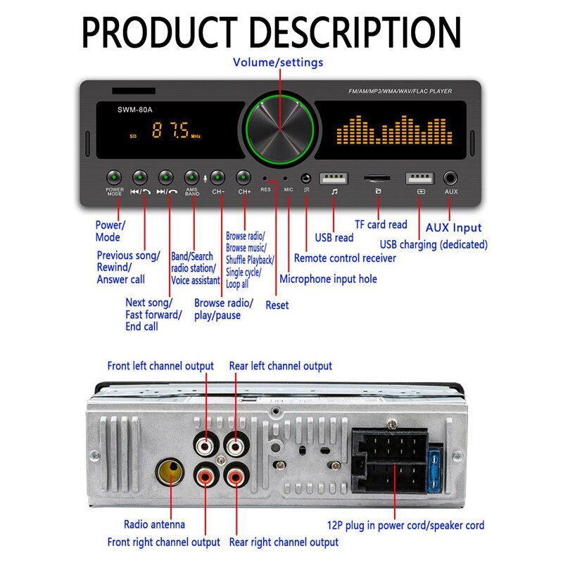 1 din auto  mp3 multimediaspeler bluetooth radio stereo radio swm -80a
