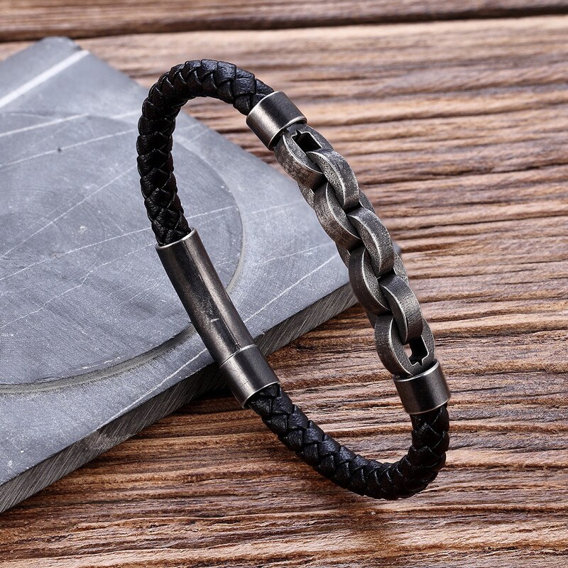 Punk Brushed Bike Chain Leather Bracelet Oxidized Dark Bicycle Chain Men Bracelet Male 316L Stainless Steel Hand Chain: B1093-1 / 21cm