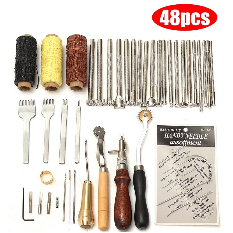 Leather Craft Tools Kit Home Hand Sewing Stitching Punch Carving Work Saddle Leathercraft Accessories: 48 Pcs-2