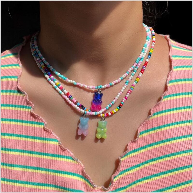 Collier de perles rondes colorées pour femmes, style bohème, mignon, dégradé arc-en-ciel, pendentif ours en résine, à la , bijoux pour filles
