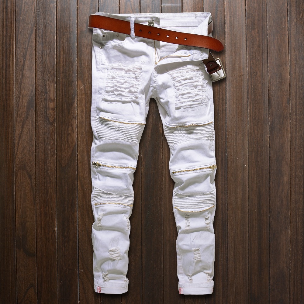 Skinny Jeans Mannen White Ripped Knie Rits Mode Casual Slim Fit Biker Jeans Hip Hop Vernietigen Stretch Denim Broek Motorfiets