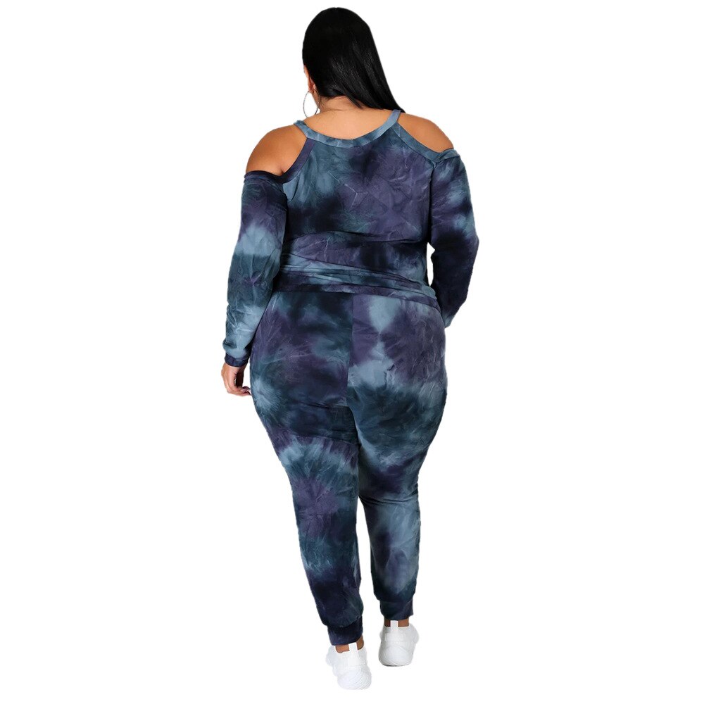 Dames blauw groot casual sportpak met off-shoulder tie dye sportkleding voor dames, maat 5xl