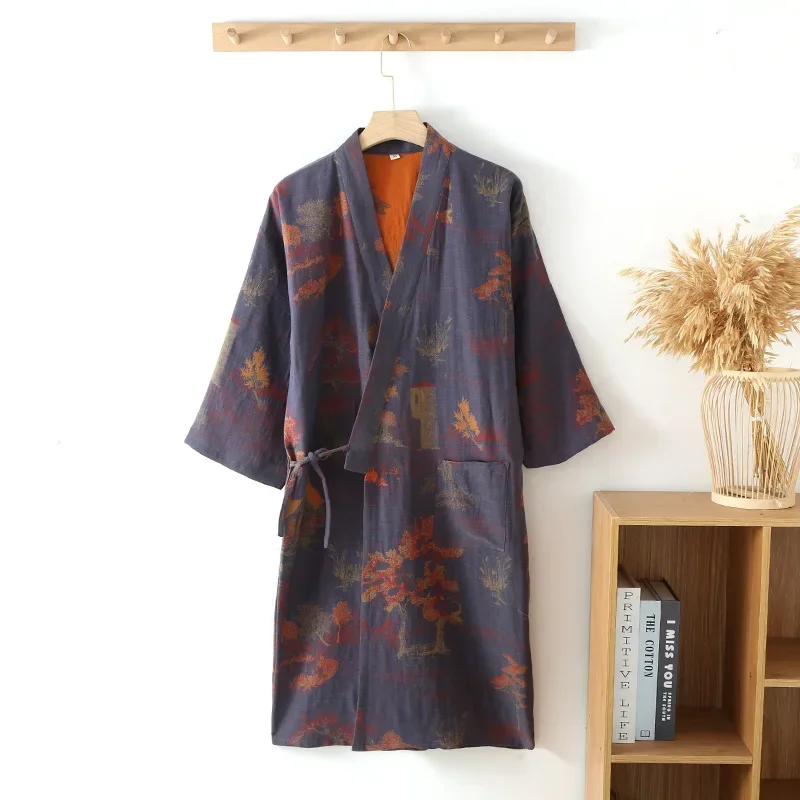 Ropa de baño para hombre, pijamas tipo kimono de algodón, batas para primavera, ropa de casa con estampado Jacquard, albornoz transpirable de gran tamaño de longitud media: L / Azul