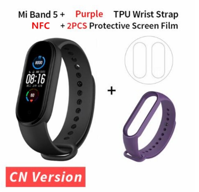 Xiaomi Mi Band 5 NFC Version Smart Bracelet AMOLED Screen Miband 5 Smartband Fitness Traker Bluetooth Heart Rate Smart Band: purple strap film