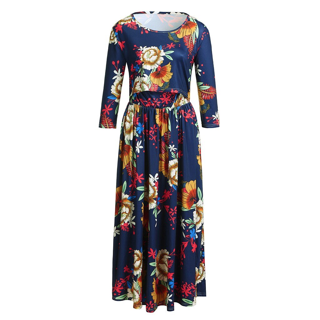 Vrouwen Zwangerschap Jurk Bloemen Bloemen Jurk Moederschap Baby Verpleging Kleding Zwangere Vrouw Katoen Gestreepte Borstvoeding Lange Jurk: Blue  / XL