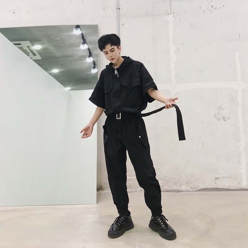 Retro Short Sleeve one-piece suit hip hop one-piece street work clothes hip-hop men's wear leg nine-point trousers