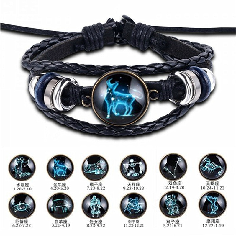 12 Constellation Bracelet Luminous Leather Bracelets Charms Zodiac Sign Bracelets Leo Virgo Libra Gemini for Man Woman Jewelry