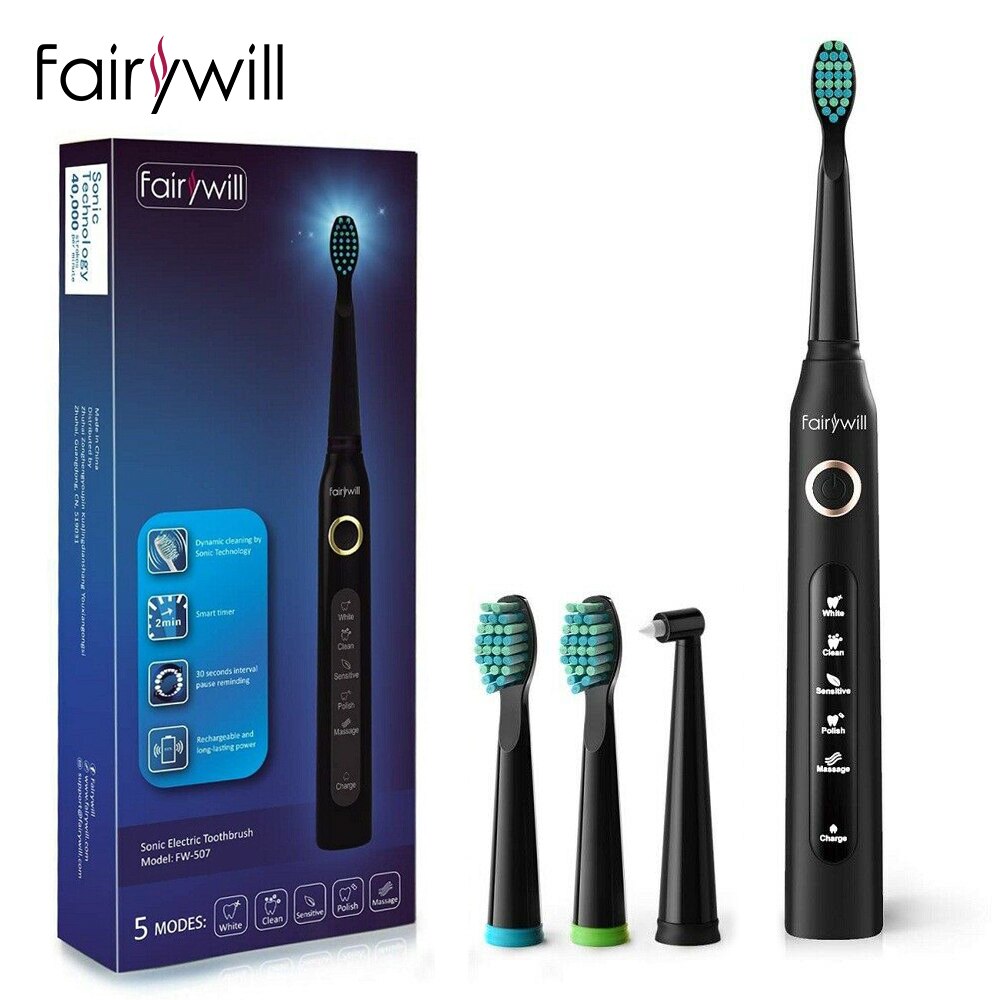 Fairywill Electric Toothbrush FW-507 USB Charger IPX7 Waterproof 5 Mode Sonic Electric Toothbrush Timer Brush with 8 Brush Heads: FW-ET507Black