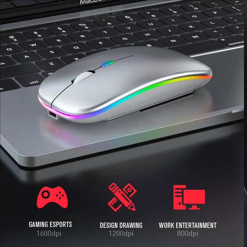 Bezprzewodowa mysz Bluetooth 5.0 2,4 GHz, z lampką USB z możliwością ładowania RGB, odpowiednia do laptopów, komputerów PC, Macbooków, myszy do gier 1600 dpi