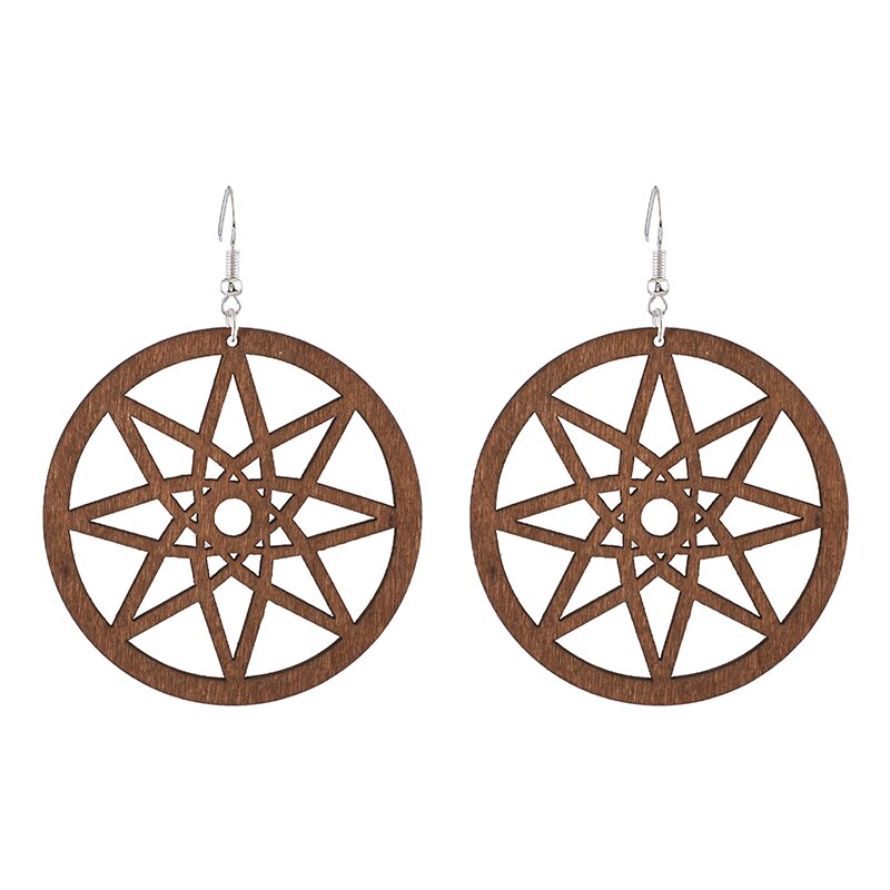 Retro Round Wood Earrings for Women Casual Original Hollow Eight-pointed Star Geometric Wooden Jewelry: C7