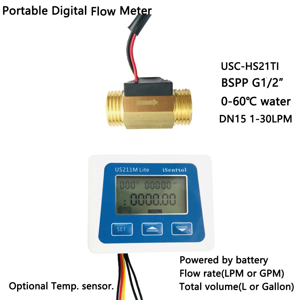 US211M Lite Digital Portable Flow Meter with USC-HS21TI Flow Sensor: display and sensor