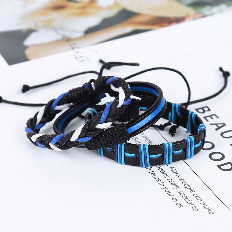 Style 3pcs/set Wrap Bracelets Men Charm Blue Leather Rope Brazalete Cuir Homme Handmade Adjustable Braslet Pulseras Joyas