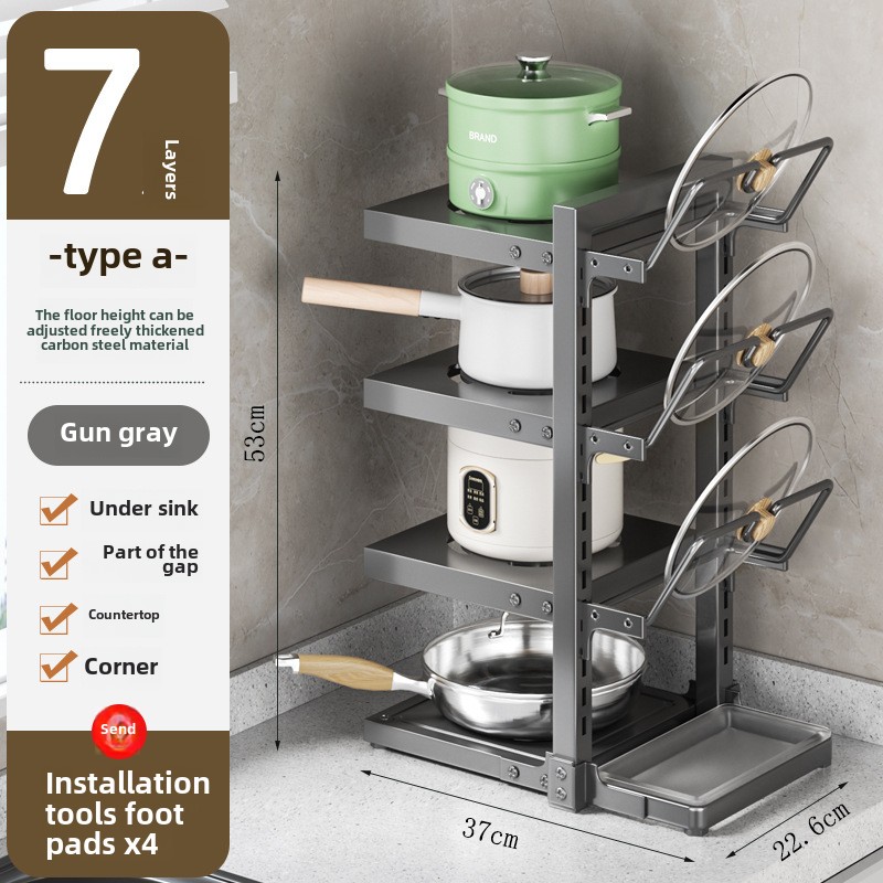 Mehrschichtiges Küchenregal unter der Spüle, Schrank, Topfregal mit mehrschichtigem Lagerregal, auf der Arbeitsplatte genähtes Topfdeckelregal: Grau