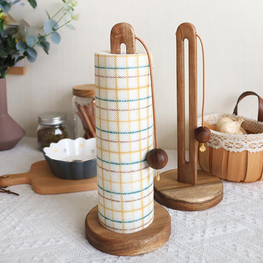 Kitchen Countertop Paper Towel Holder with Anti-Slip Wooden Base DIY Installation Standing Paper Towel Roll Stand Tissue Holder