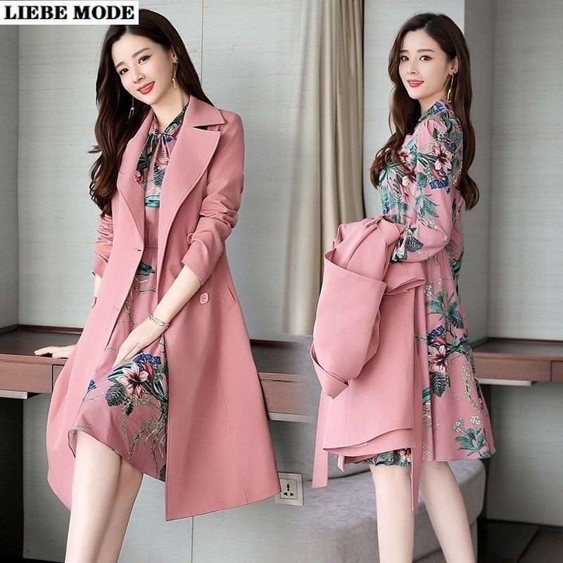 Frühling Herbst Damen Kleid Anzüge für Büro Tragen Lange Graben Mantel und Knie Länge Kleid 2 Stück einstellen Frauen Formale kleider Anzug