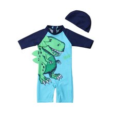 Trend baby børn dreng sommer strand badetøj badedragt dinosaur hurtigtørrende et stykke svømning kostume med hat sæt