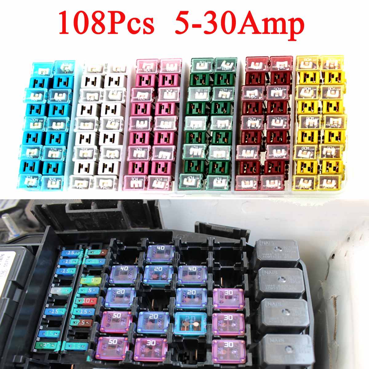 108Pcs Car Fuses Set with Box Japanese Auto Fuse 20/25/30/40/50/60A Pal Female Slow Blow Fuse for Nissan/Toyota/Honda/Mazda