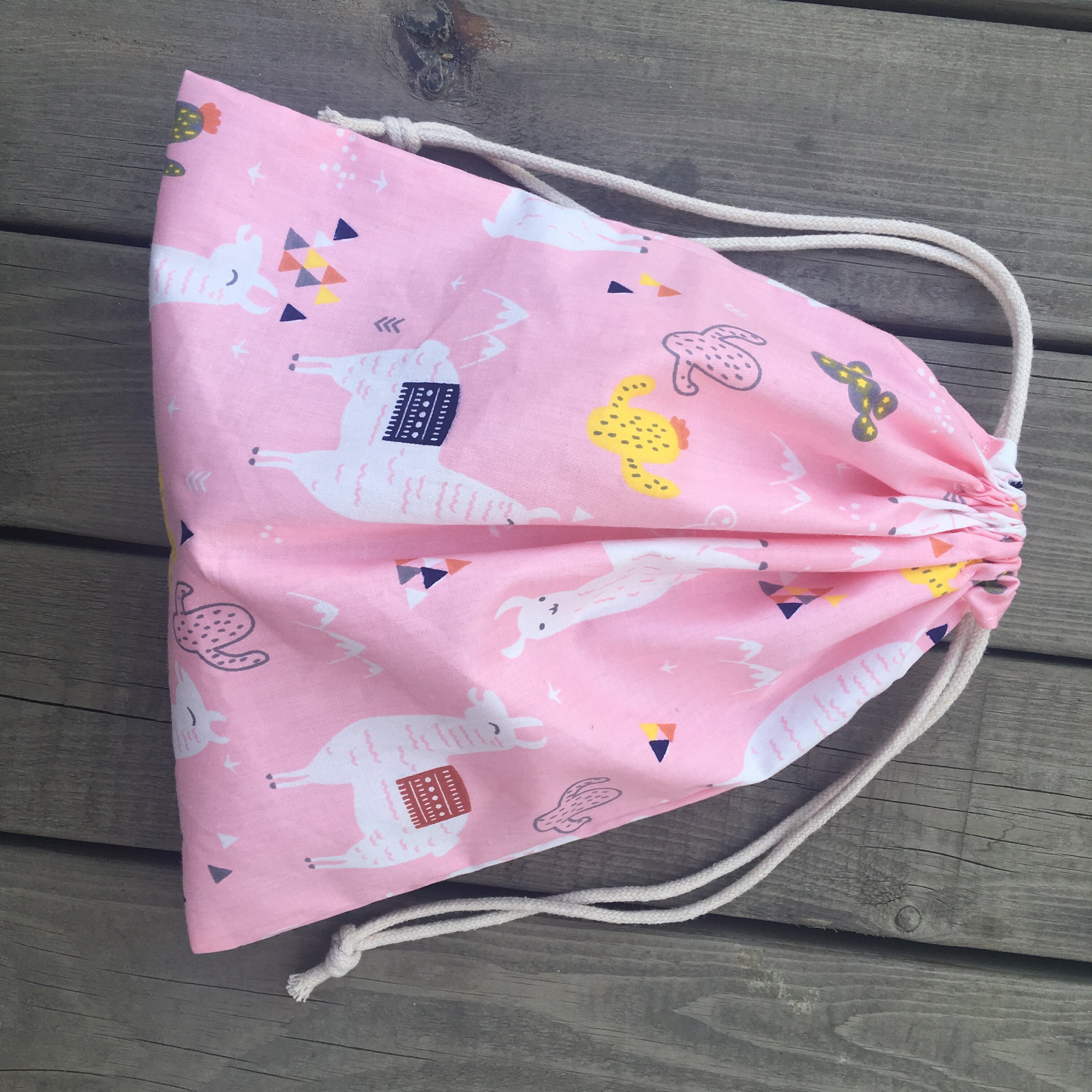 Katoenen keperstof trekkoord multifunctionele tas feesttas cactus dieren alpaca roze basis  yl75