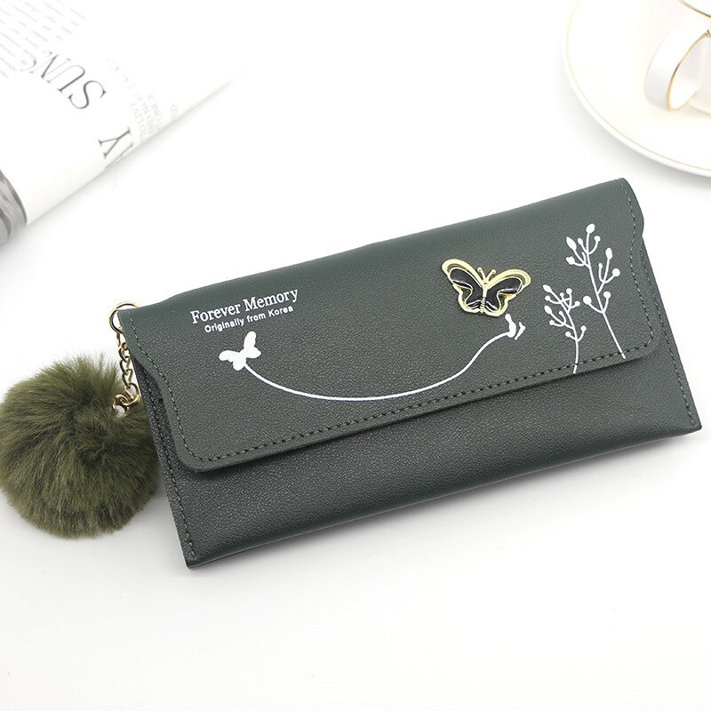 Modieuze Vrouwen Lange Portefeuilles Pure Kleur Wol Boog Clutch Bag Card Bag Coin Purse Standard Wallets Pu Solid Polyester: Green