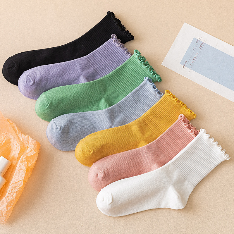 5 Pairs Women Cotton Ruffle Frilly Socks Black White Cute Autumn Winter Socks Solid color Soft Happy Girl Socks