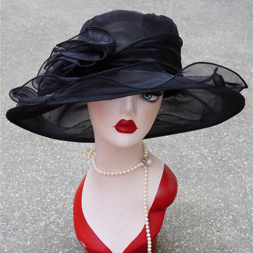 Lawliet Summer Hats for Women Organza Wide Brim Sun Hat Kentucky Derby Wedding Church Tea Party Floral Cap A002