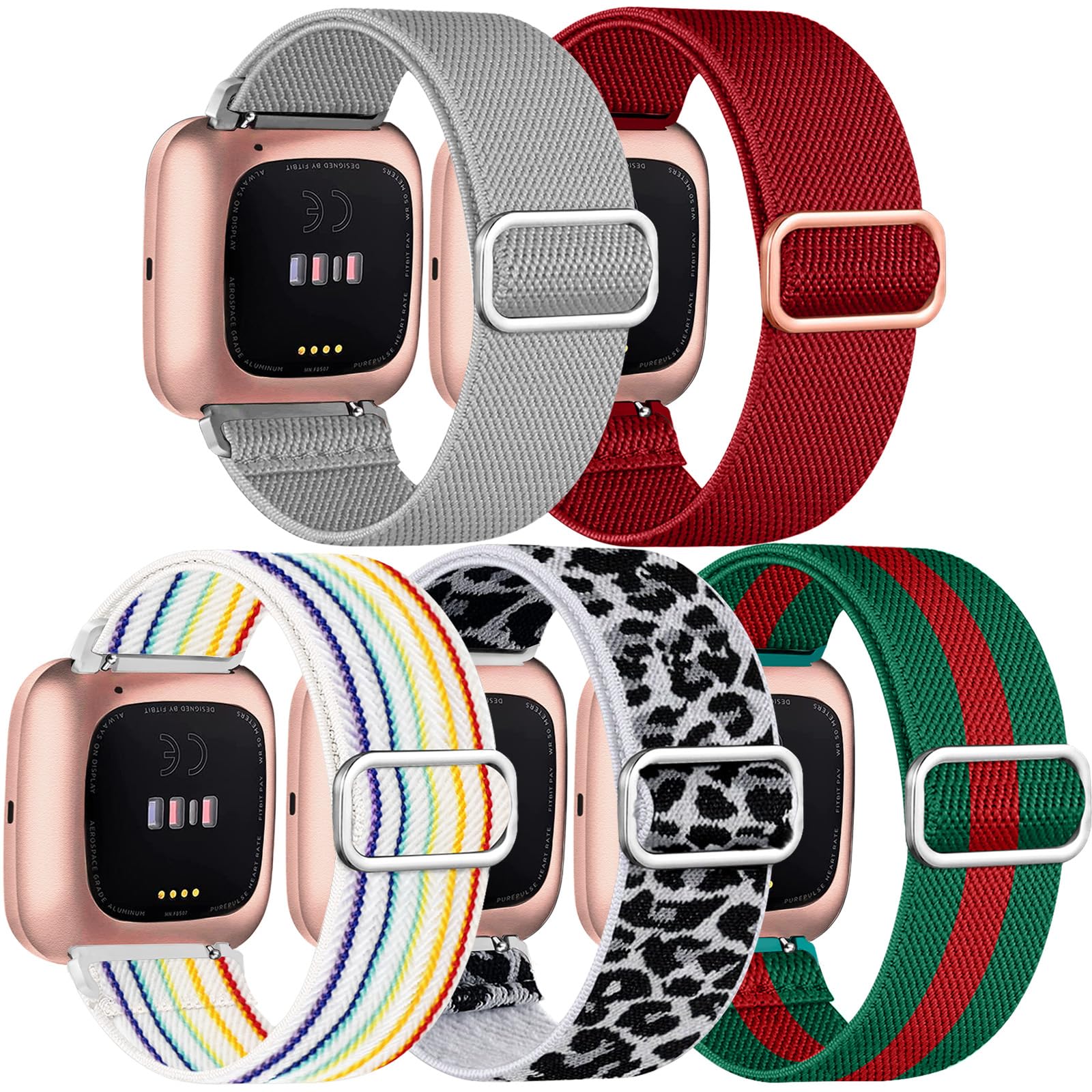 5 -pakning med rem til fitbit versa 2 1 versa lite-rem, justerbar elastisk vevd nylonløkke, sportsklokkerem, fitbit føle-rem: Klar