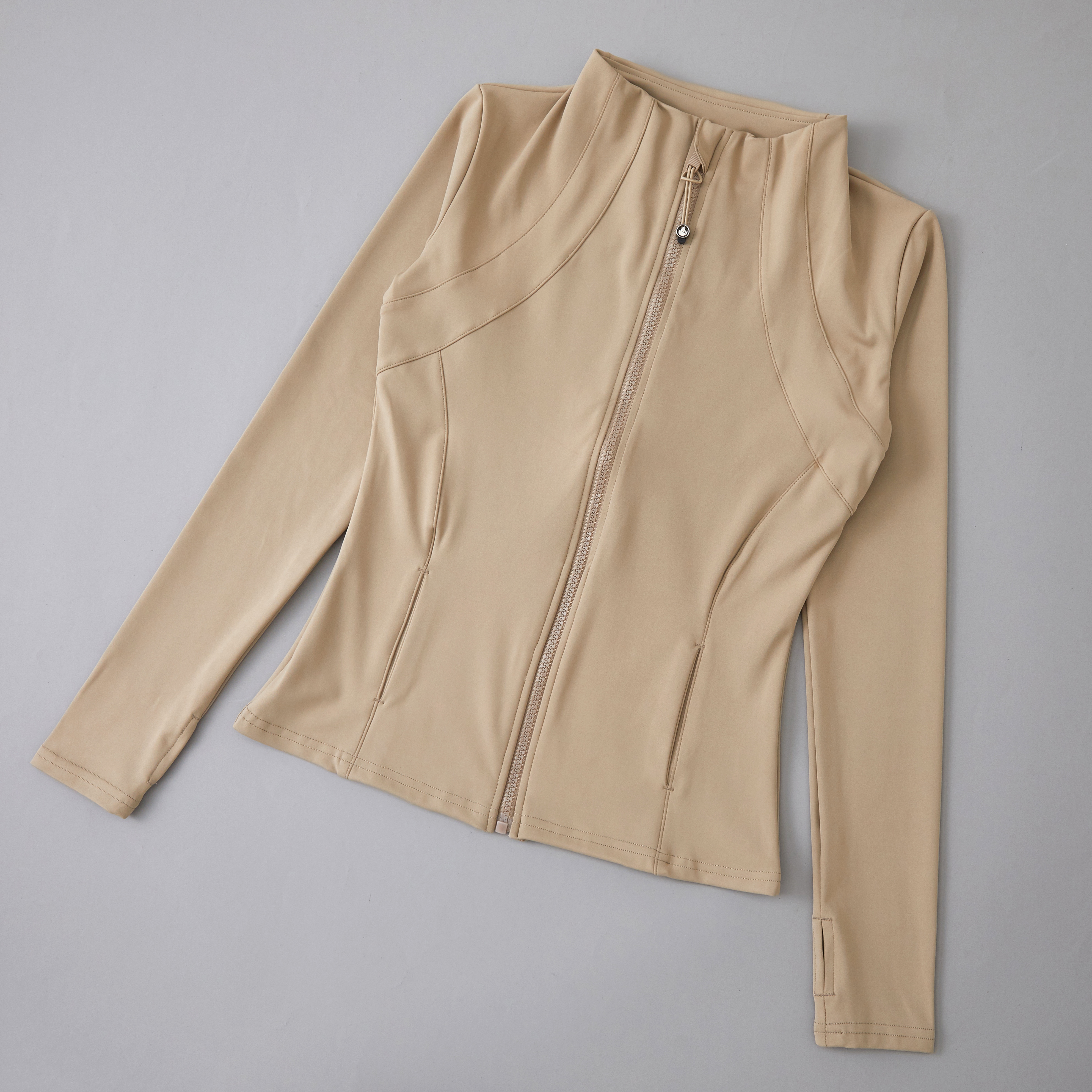 Yoga sportstøj spandex fuld lynlås langærmet yogajakke med tommelfingerhul uden hætte damefrakke: Xl / Khaki