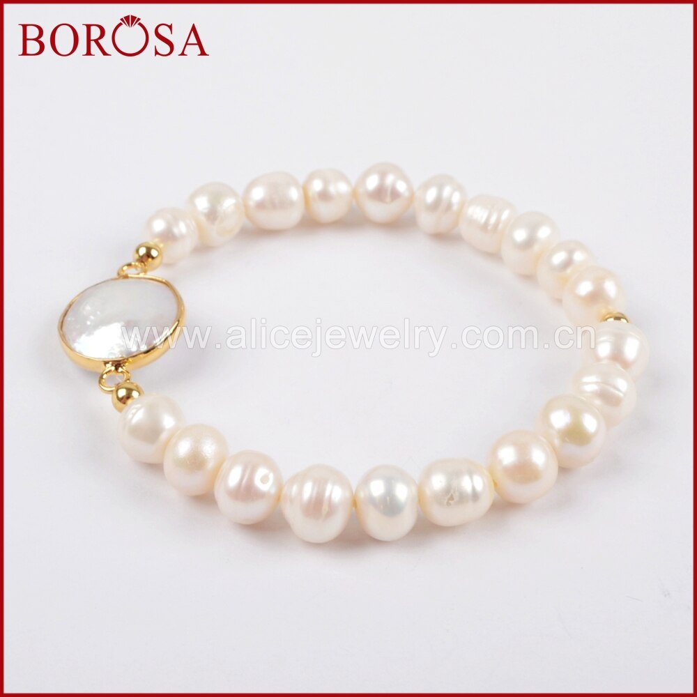 Borosa Handgemaakte Goud Kleur Natuurlijke Parel Kralen Armband Voor Vrouwen Meisjes Mode Edelstenen Sieraden G1407
