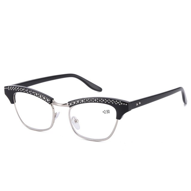 Oulylan diamond dames cat eye leesbril met harslenzen en kristallen decoratie voor dames met presbyopie: +150 / Zwart