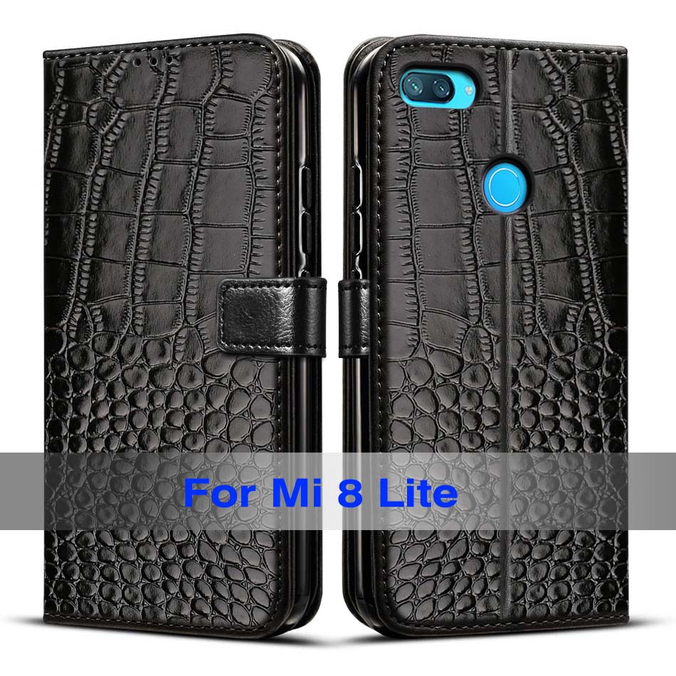 Para xiaomi mi 8 lite caso flip carteira de couro caso para xiaomi mi 8 lite mi8 lite capa de livro para xiaomi mi 8 lite telefone sacos de pele: Black