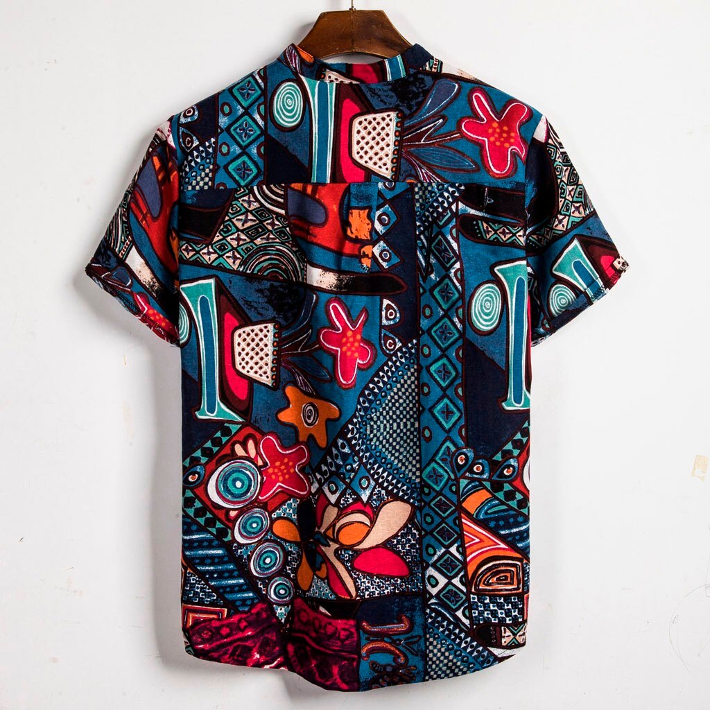 Breathable Linen Men Shirt Vintage Ethnic Printed Stand Collar Short Sleeve Streetwear Tops Loose Men Beach Hawaiian Shirts