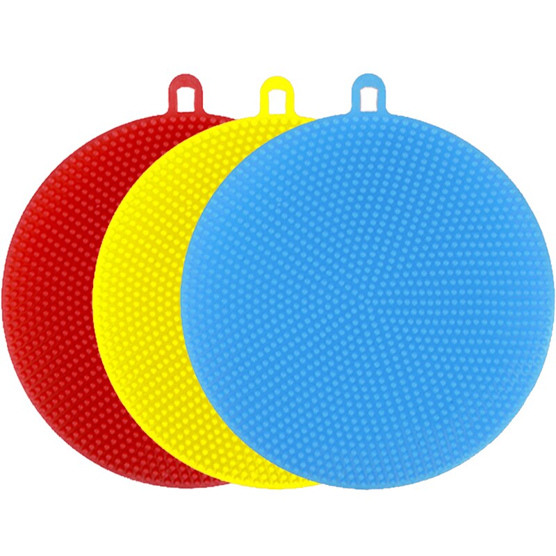 3PCS Silicone Dish Washing Brush Pot Pan Sponge Scrubber Silicone Scouring Pad Fruit Pot Pan Wash Brushes Kitchen Cleaning Tool: round 3pcs