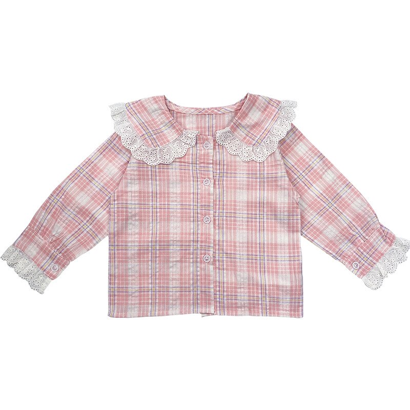 Autumn cute girls lace patchwork plaid shirts long sleeve casual shirt