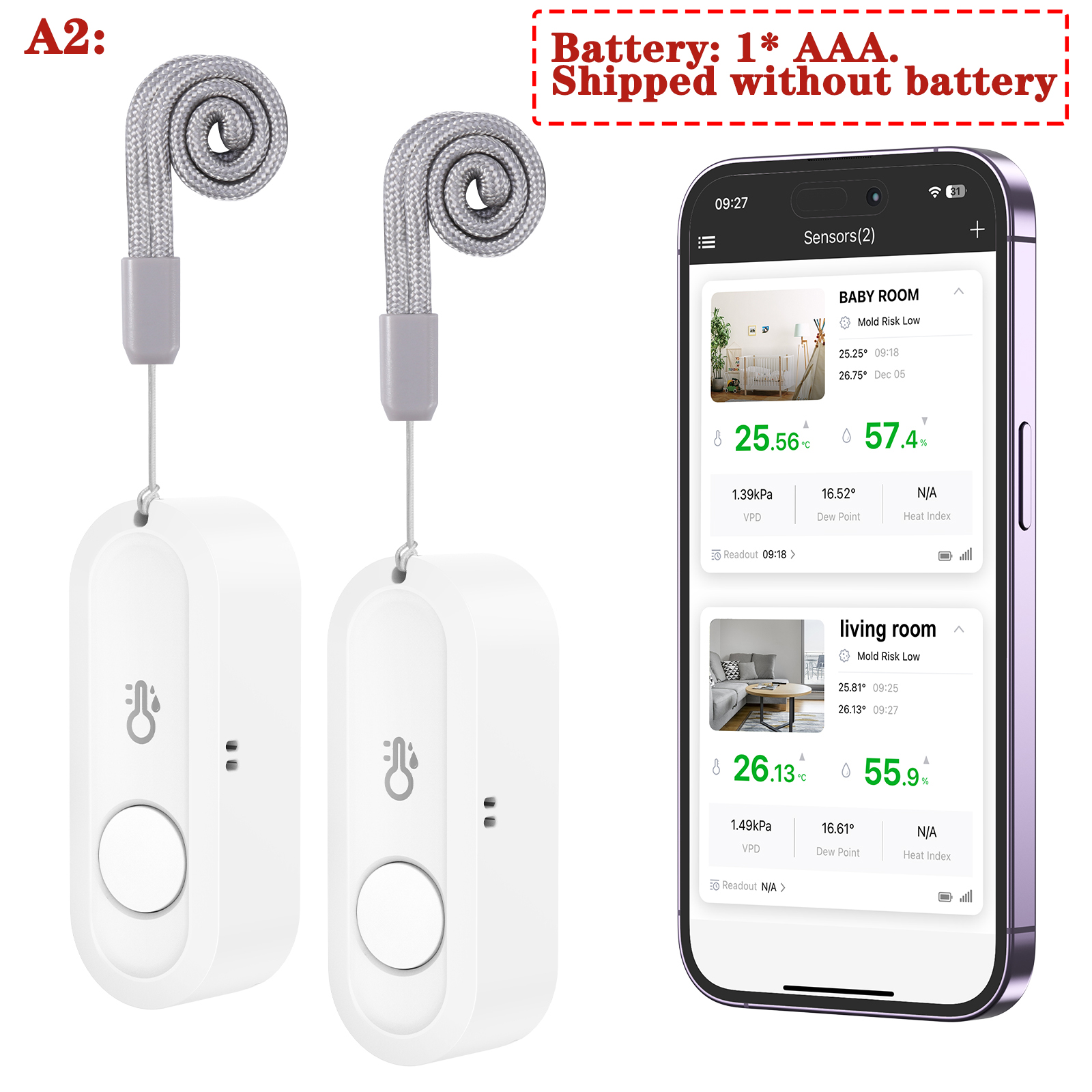 ORIA-termómetro inteligente para el hogar, higrómetro inalámbrico con Bluetooth, Sensor de temperatura y humedad para exteriores: Gris claro