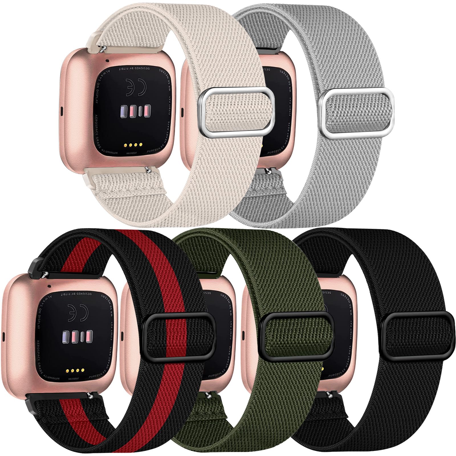 5 -pakning med rem til fitbit versa 2 1 versa lite-rem, justerbar elastisk vevd nylonløkke, sportsklokkerem, fitbit føle-rem: Himmelblå