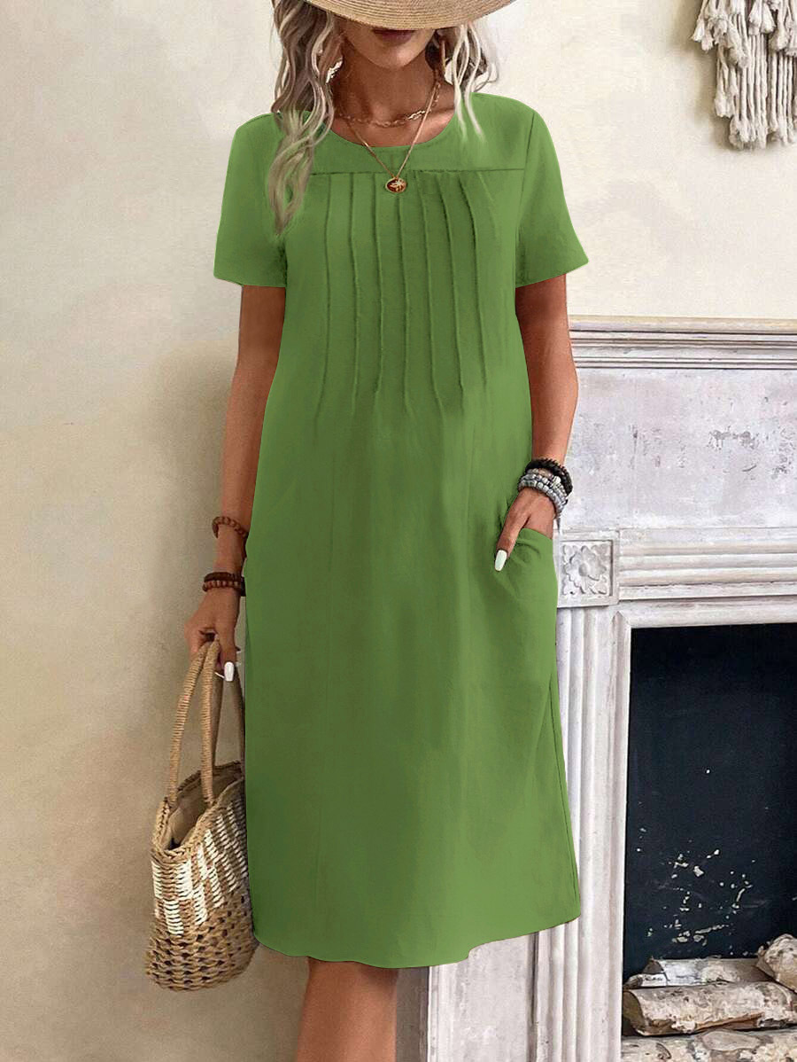 Women Short Sleeved Urban Casual Beach Dress Camisole Style Loose Waist Vacation Solid Office Lady Basic Short Dresses: L / green