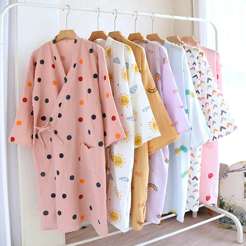 Herfst Multi Kleuren Katoenen Kimono Slaapgewaden Voor Vrouwen Dunne Badjas Pyjama Zweet Stoombad Gewaad Vrouwen Kleding