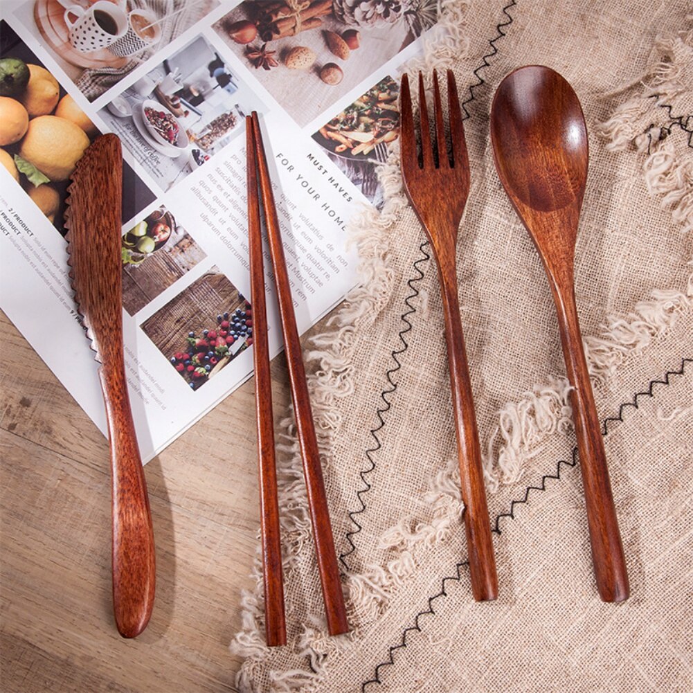 Chinese Tableware Set Wooden Spoon Fork Chopsticks Portable Easy to Clean Travel Dinnerware Suit
