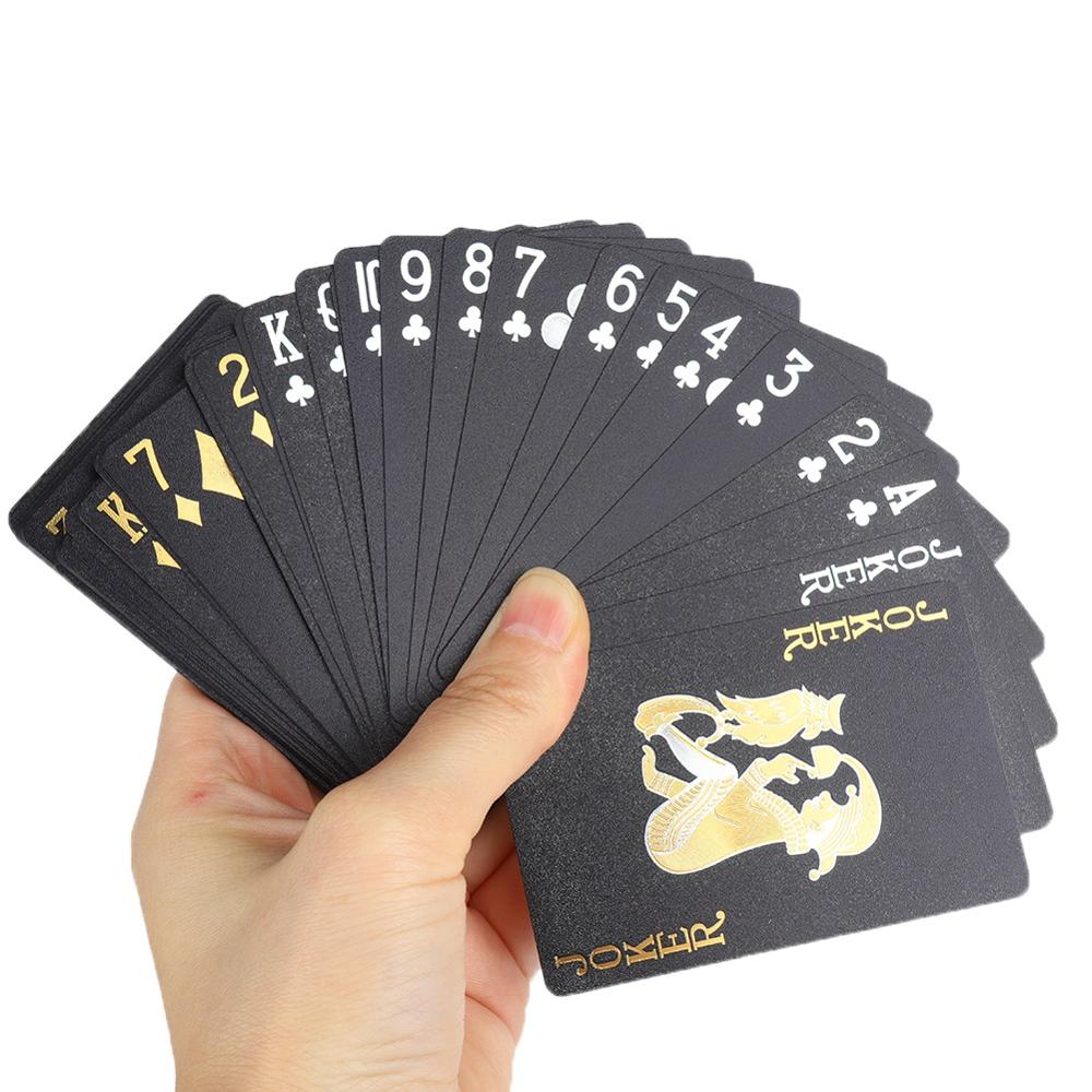 Vandtæt luksus plastik spillekort cool sort / rose-guld / sølv folie poker kort standard størrelse 52+2 poker i / udendørs spil