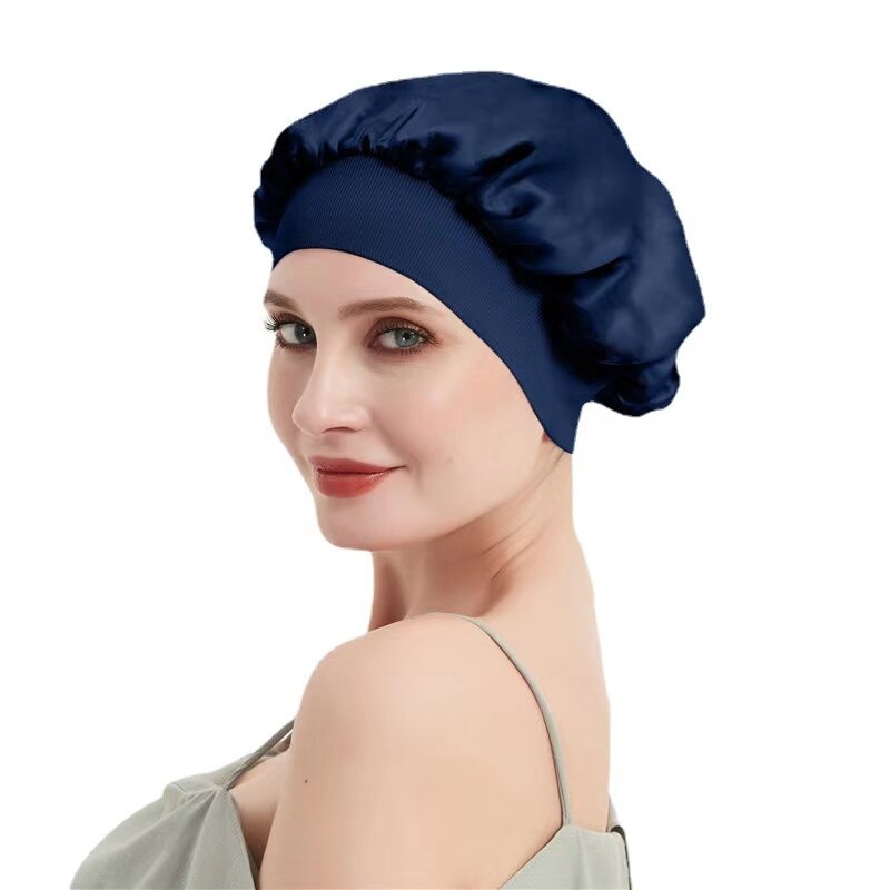 Style 100% Mulberry Silk Night Sleep Cap Elastic Women Shower Caps Big Bonnet For Lady Sleep Cap 19 Momme: Navy
