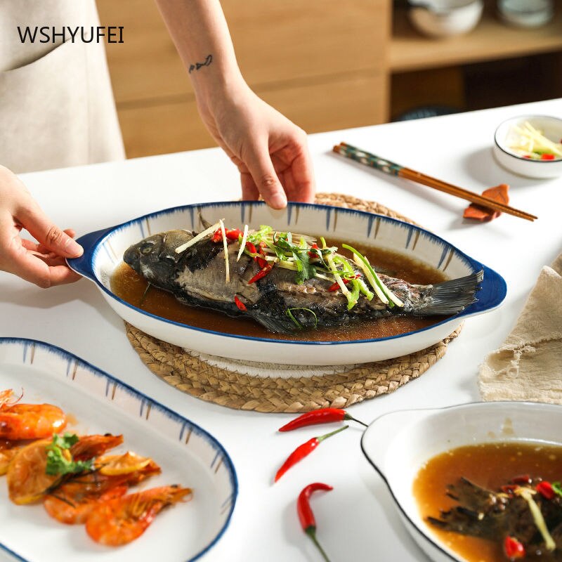 Fish Plate Household Steamed Fish Dishes Large Double Ear Plate Oval Fish Plates Ceramic Dish Household Products Tableware