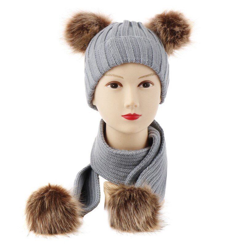 Leuke gebreide kinderen hoed met een sjaal dubbele bal faux fur hoeden sjaals set winter accessoires voor baby sjaal muts kids