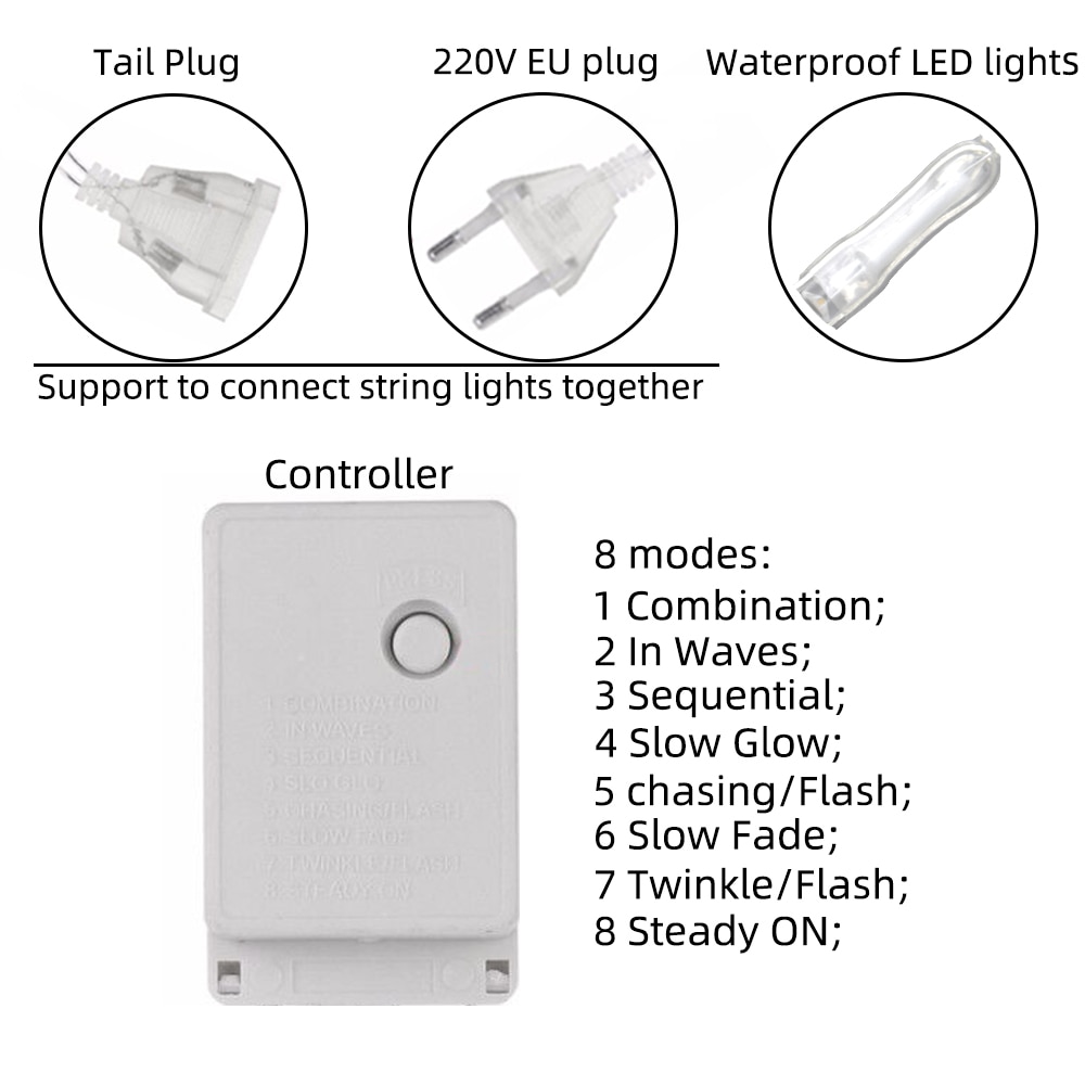 220v decoratieve led-lampjes, waterdicht, kerstversiering voor thuis, met staartplug, led-lampjes voor kerstboom, park, gazon