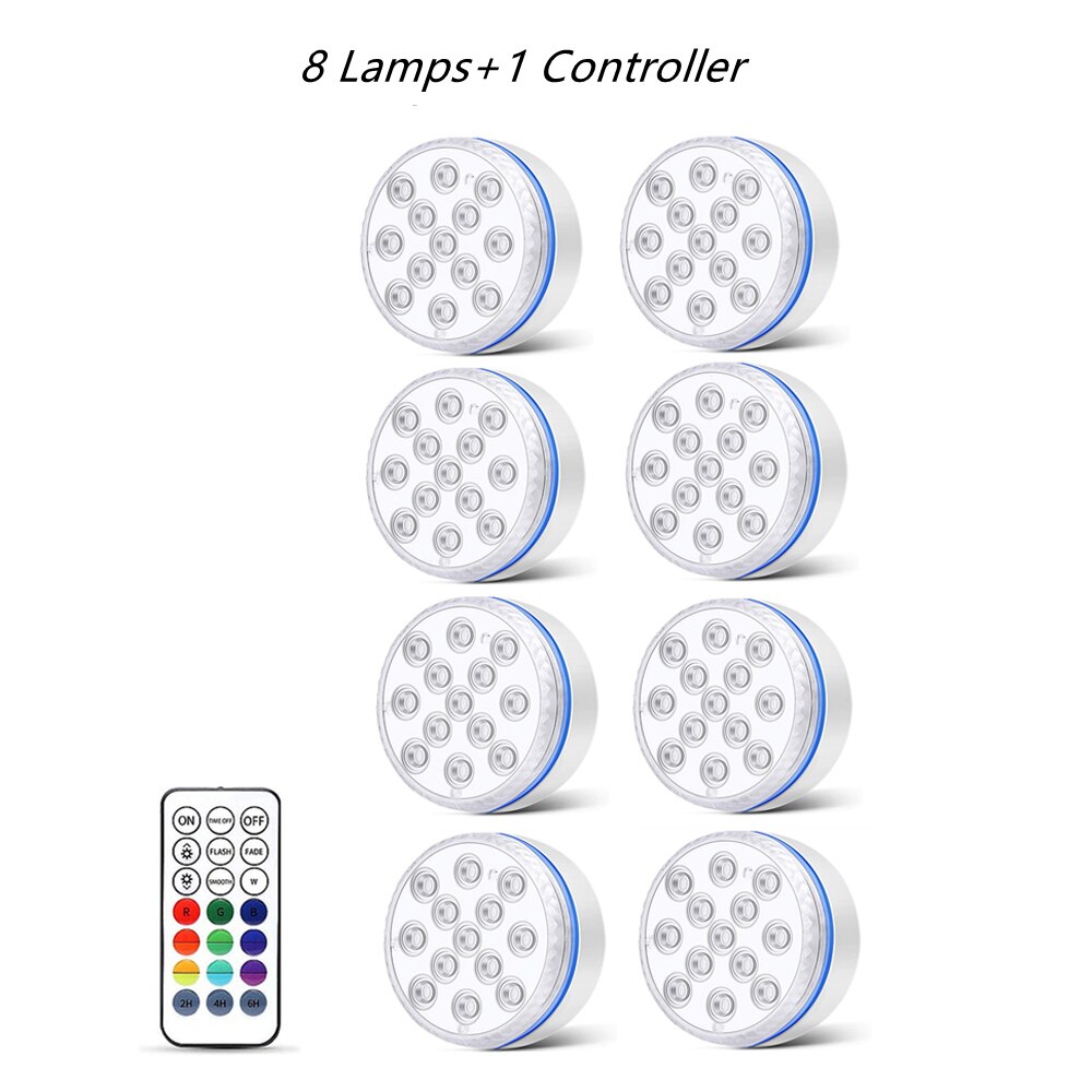Updated Submersible Light Magnet Suction Cups IP68 Waterproof RGB Underwater Pool Lights for Pond Aquarium Garden Night Lamps: 8 Lamp 1 Controller / 7CM