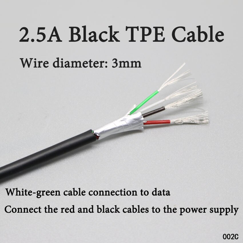 20 metros de cable de 4 hilos blanco negro cable de datos cable USB cable de USB Micro de tipo C macho de cable de datos cable de alimentación para teléfono carga de tablet c: Black 3mm-TPE