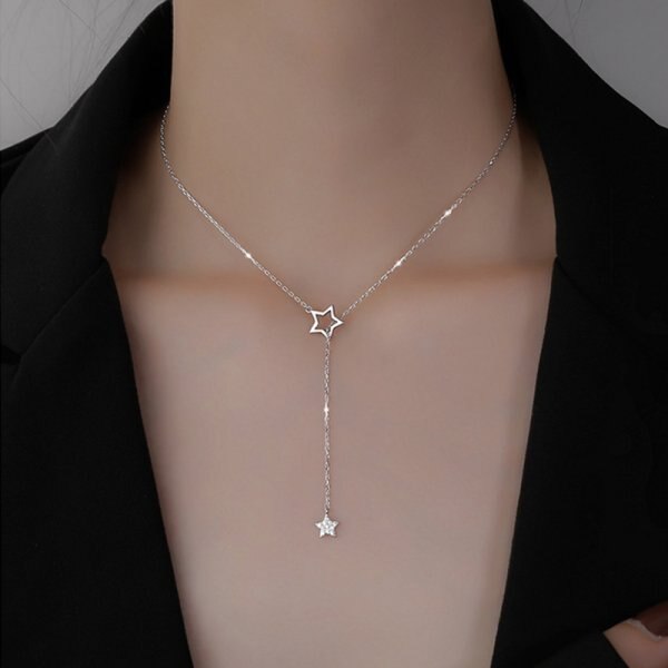 Colar brilhante de borboleta e zircônia cúbica, pingente de lua e flor com dupla camada, corrente de clavícula, joias para festa de casamento: 3