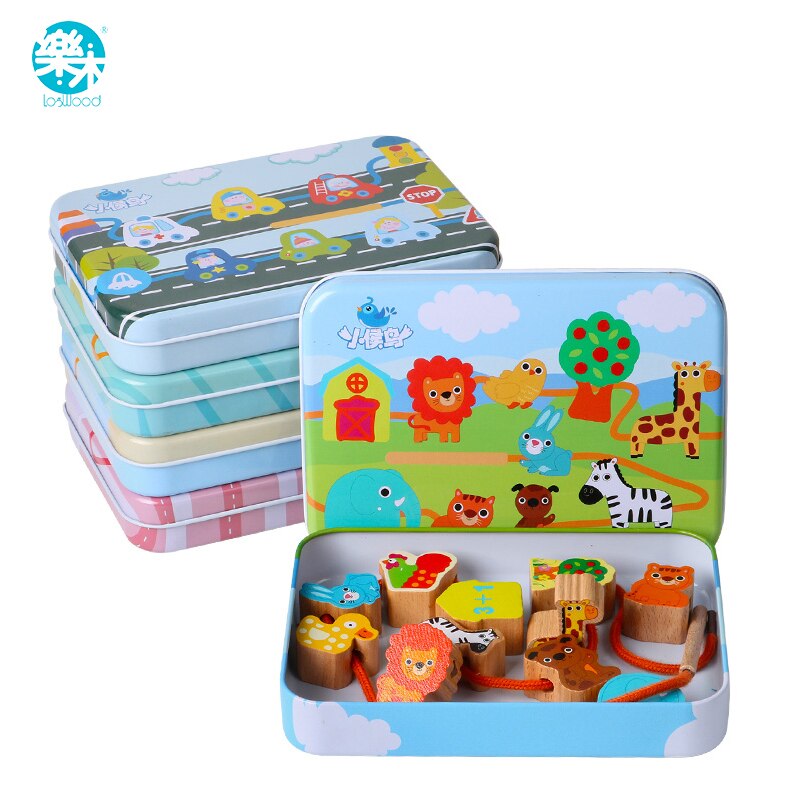 Wooden Baby Toys, DIY Toys, Animal Fruits, Thread, Pearls, Iron Box Packaging, Educational Toys