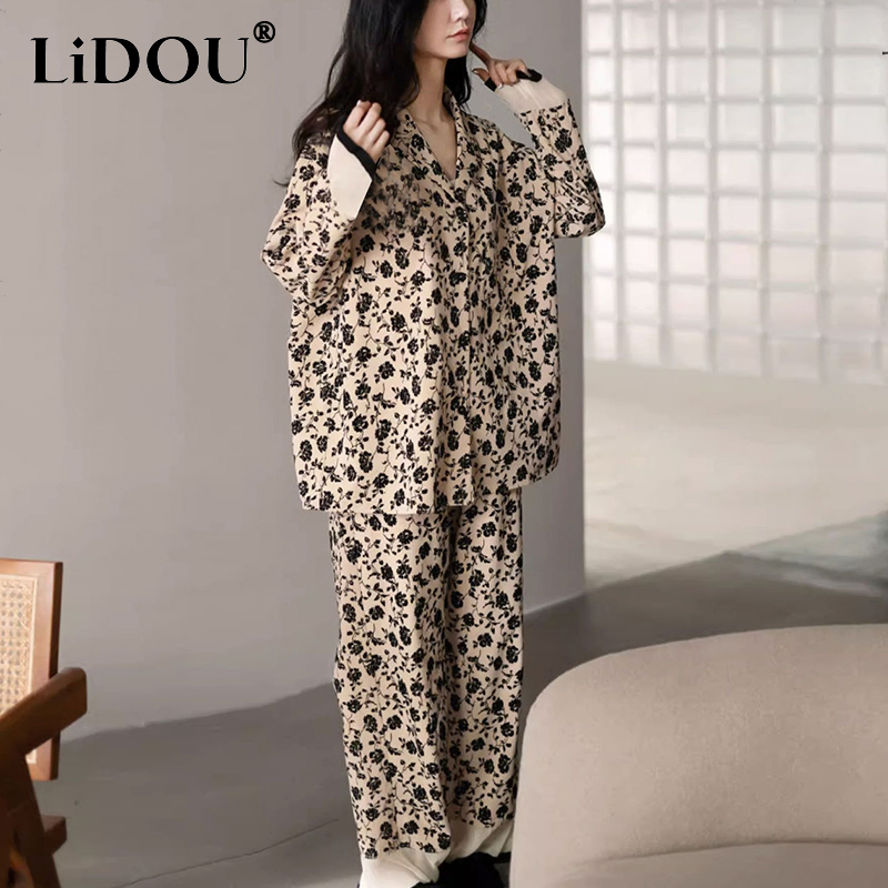 Conjunto de pijama con estampado Floral para mujer, ropa de dormir cómoda de manga larga, informal, a la , para primavera y otoño