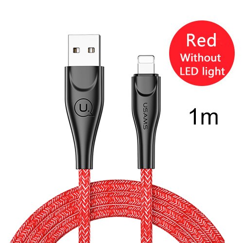 USAMS USB Cable for Lighting Cable for iPhone Cable 2m 2.4A fast charging Data Cable for iPhone 7 8 X 6 6s plus 5 SE 5S charger: Red No LED 1m