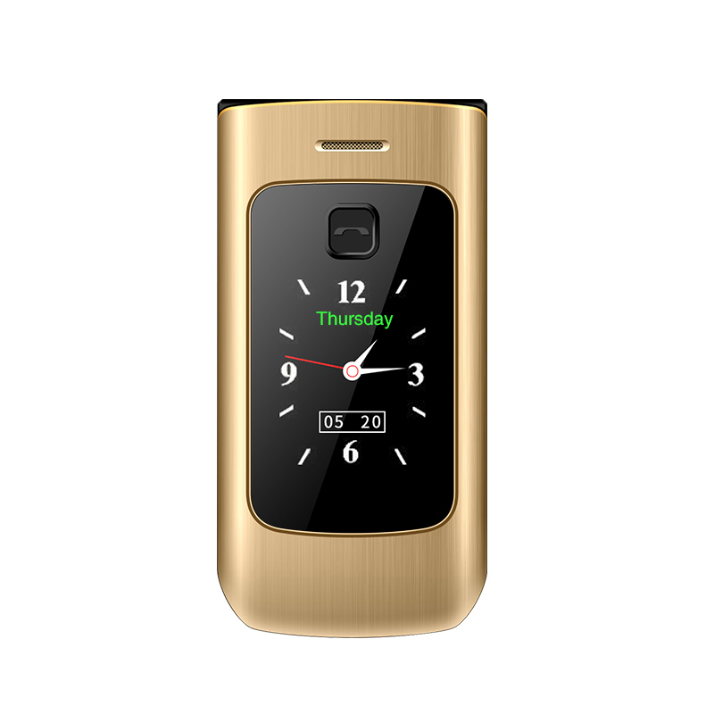 Flip celular Mobile Phones dual screen speed dial SOS loud sound FM Radio recorder torch MP3 clamshell cell phones: add 4GB TF card / Gold